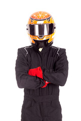 Race car pilot posing isolated