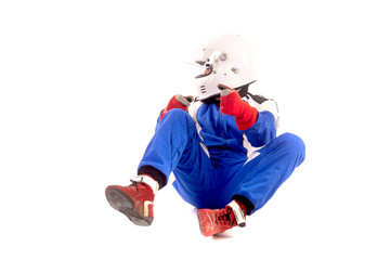 Race car pilot posing isolated