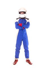 Race car pilot posing isolated