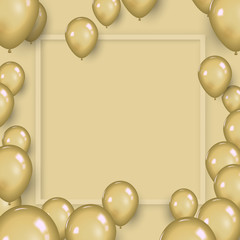 Golden balloons on blank space with frame. Festive party background or birtday concept.