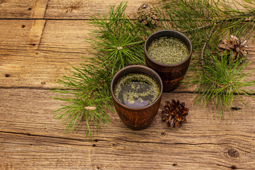 Fototapeta na wymiar Pine needle tea, sollip-cha, traditional Korean beverage. Alternative medicine, healthy life style