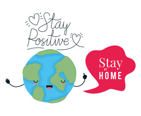 kawaii world cartoon and stay positive and at home text vector design