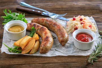 Home-made sausages from meat pig and beef.
