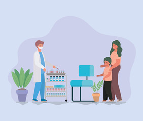 male doctor vaccinating boy and mother vector design