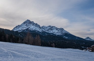 Winter landscape in Tre Cime Dolomiti, or Drei Zinnen Dolomites. Monte Elmo(Sesto), Italy. January 2020