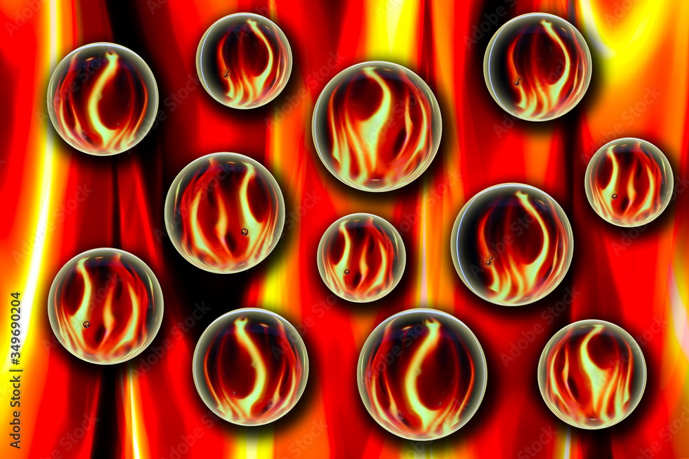 Poster flames in bubbles refraction image with flaming background