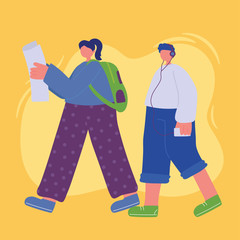 woman with and backpack and boy with phone walking