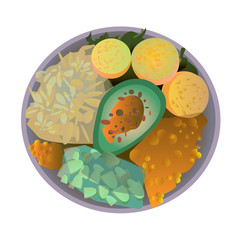 fresh vegetables, organic food, natural products. Healthy food stock vector illustration. Healthy and colorful breakfast acai smoothie bowl. Avocado. chickpeas. Healthy clean balanced natural