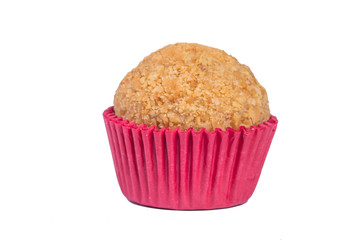Traditional Brazilian artisanal chocolate candy, called brigadeiro, in a gourmet version filled with a peanut meal called paçoca. Isolated on white background