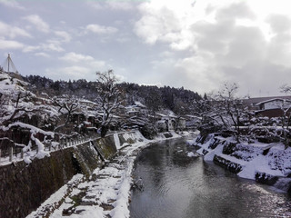 Miyakawa river on winter in Takayama Town, Japan