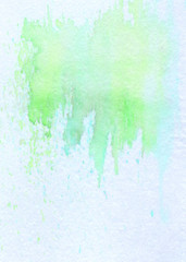 Warm summer green hand painted isolated watercolor backdrop with paint splashes on white fabric textile background