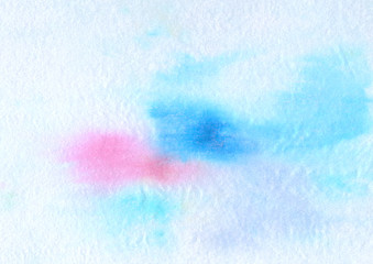 Ice cold winter Christmas hand painted isolated watercolor backdrop with paint splashes on white fabric textile background in pink, blue, cyan and violet colors