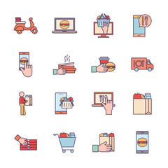 Food delivery line and fill style icon set vector design