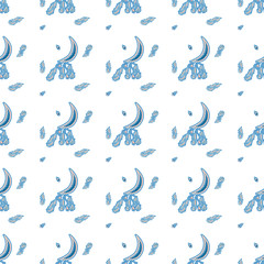 Seamless pattern of hand-drawn ornamental crescent stickers with crystals and feathers suspended from below and individually on a white background. Night music mobiles for kids. Magic texture. Vector.