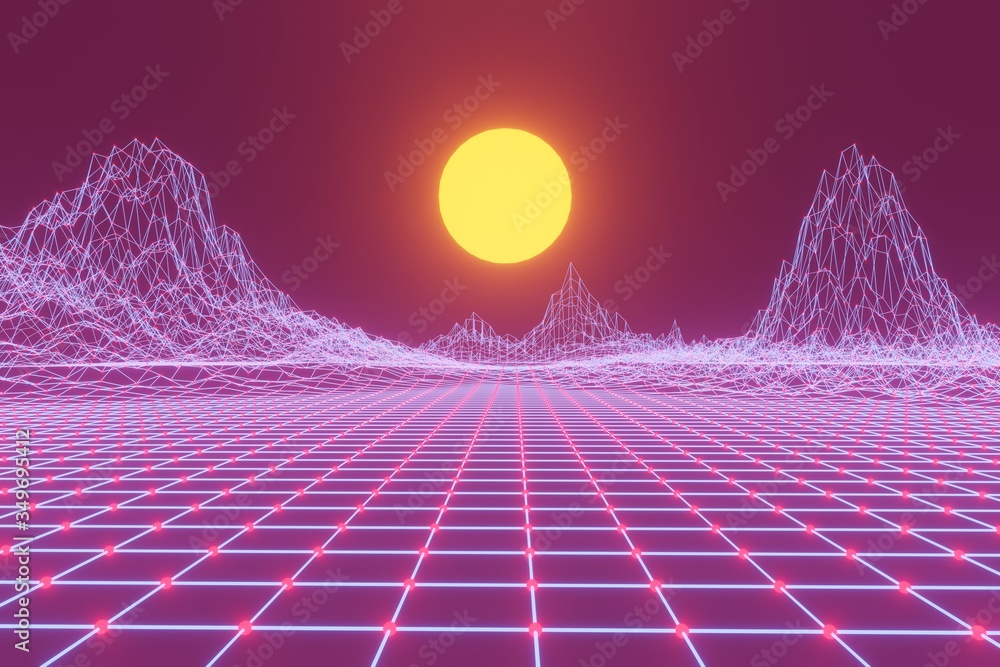 Poster synth wave landscape background. 3d landscape. 3d rendering. 3d rendering. 3d illustration.