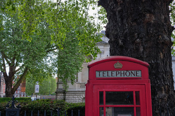 Top of British red telephone box in London in front of trees