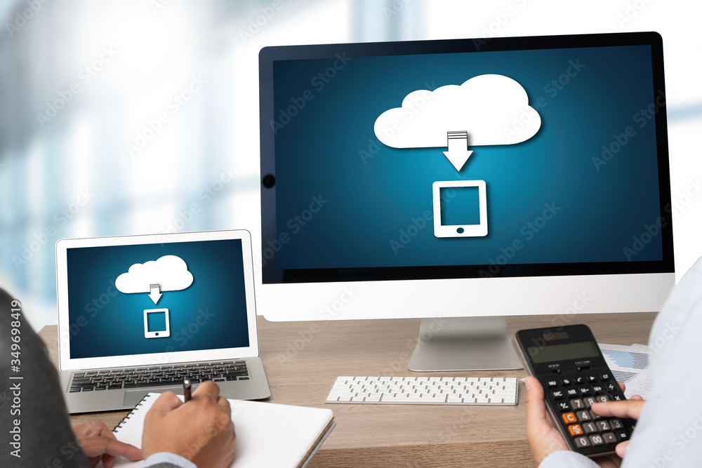 Poster live streaming backup download computing digital data transferring , streaming download backup.