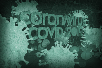 Background concept for news about the novel coronavirus COVID-19 pandemic. Microscope virus and lettering close up, 3d rendering.