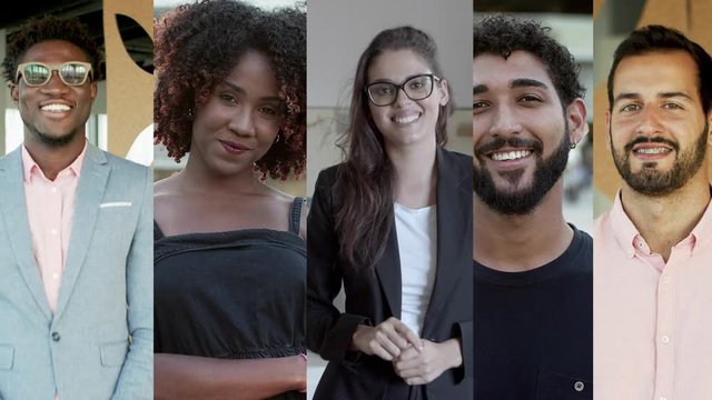 Successful creative professionals of different ethnicity wearing casual, smiling and looking at camera. Front view, mosaic series, multiscreen montage, collage portraits. Diversity concept