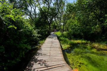 Wooden path built over the streaming waters of Krka National Park in Croatia - Hike through the forest along the flowing river among the waterfalls