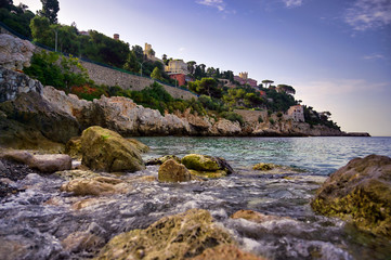 Fototapeta na wymiar The coastline on the Mediterranean Sea at Nice, France along the French Riviera.