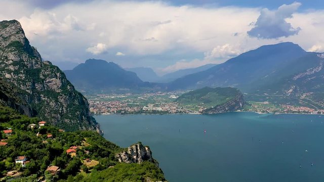 Aerial video with drone, view of the beautiful Lake Garda in the summer time , Trentino Alto Adige region,Italy