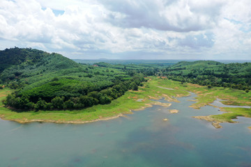 Water dam and reservoir lake aerial view drone