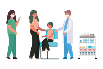 Fototapeta premium male and female doctors vaccinating boy and mother vector design