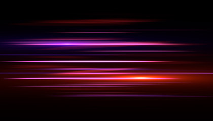 Light and stripes moving fast over dark background.design of the light effect. Vector blur in the light of radiance. Element of decor. Horizontal rays of light.