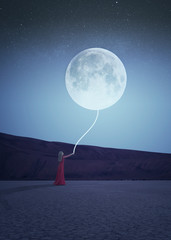 Night scene of a woman in red dress holding a glowing rope attached to a moon in the sky. Fantasy