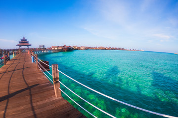 Naklejka premium Scenery Of Mabul Island Skyline Overlooking Floating House At Mabul Island,Sabah,Malaysia.