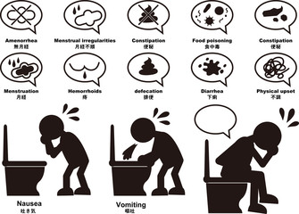 A set of cartoon silhouettes of troubles of menstruation and defecation in the toilet.