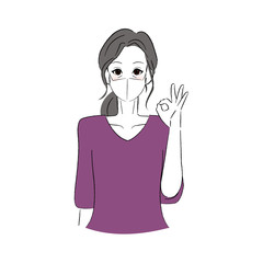 マスクをして指で丸をつくるシニア女性