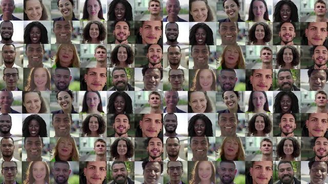 Happy cheerful young, middle aged, mature diverse people of different races posing outside. Mosaic series, multiscreen montage, collage portraits. Front view. Positive emotions concept