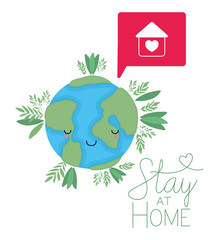 kawaii world cartoon and stay at home text vector design