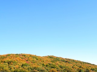 日本の田舎の風景　11月　黄葉　山と青空
