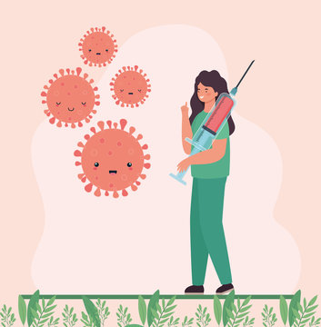 female doctor with injection and covid 19 virus kawaii cartoons vector design
