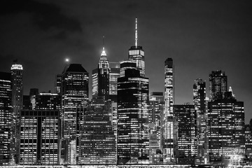 New York panorama. Night view of Manhattan. World Trade Center skyscraper. New York view daytime. Famous New York skyline. 