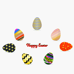 7 Easter eggs and Happy Easter writer in grey background