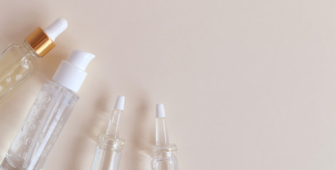 Cosmetic products for face and body in containers without labels. The concept of Spa skin care and body.