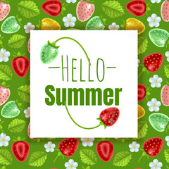 Hello Summer seasonal banner design. Greeting card decorated with frame strawberries fruits on abstract color background. Vector illustration