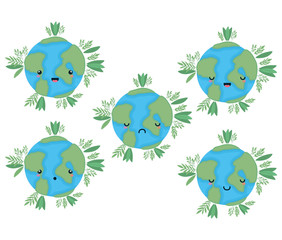 Fototapeta premium set of kawaii world spheres cartoons with leaves vector design