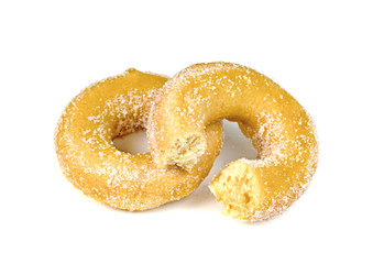 Bitten sugar ring donut isolated on white background