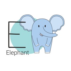 Large letter E of the English alphabet. Children's illustration of an educational poster for children. Games for the little ones. Drawing of an elephant, African animals.
