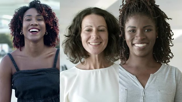 Happy diverse women of different ages and races, wearing casual, looking at camera, smiling. Multiscreen montage, collage portraits. Positive emotions concept