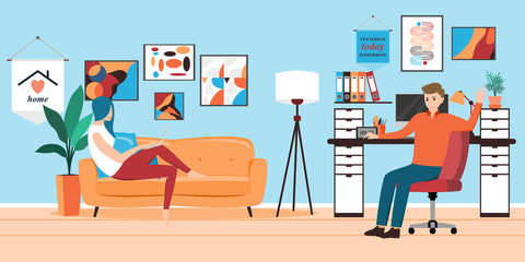 Couples with sofa, laptop, work desk and chatting online while stay at home together. Couples have a happy time together. Vector illustration