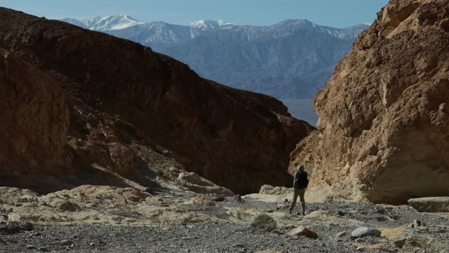 A male hiker walks down the Gower Gulch trail in Death Valley National Park, California. The Panamint Range is seen in the distance.