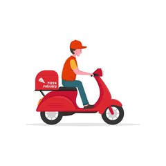 Fototapeta na wymiar Delivery men with box. Courier man riding scooter design vector illustration isolated on white background