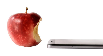 One red apple with a bitten side on a smartphone on a white background