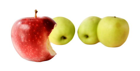 One red apple with a bitten side and a few green apples on a white background